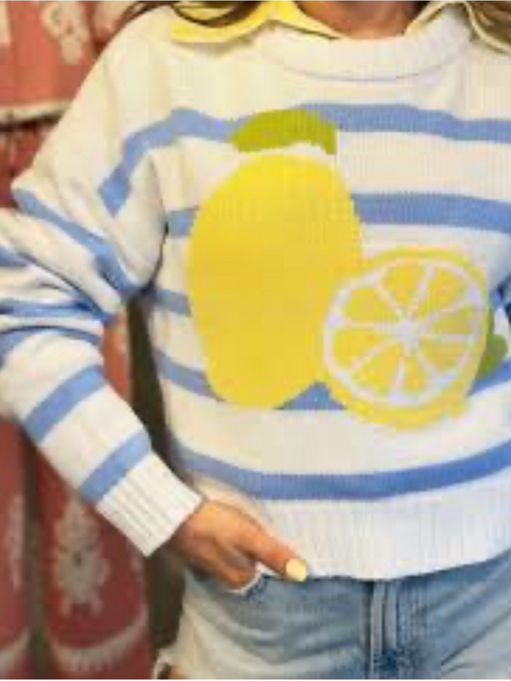 Striped Crewneck Sweater with Lemon Graphic - White & Light Blue